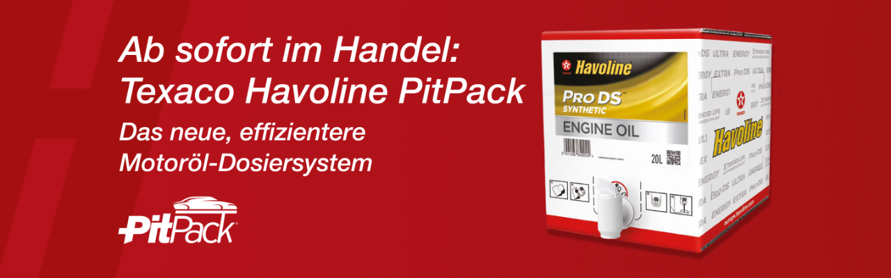 Ab sofort im Handel:
Texaco Havoline PitPack - Das neue, effizientere
Motoröl-Dosiersystem